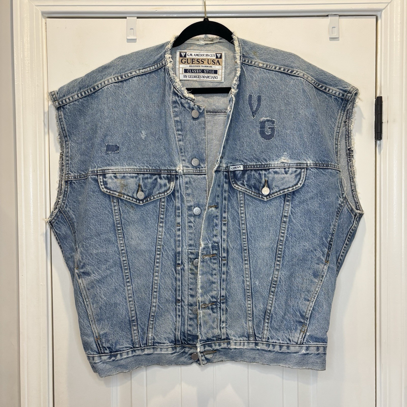 Guess Denim Jean Vest Georges Marciano Men's Xl Style 10804 Vtg 80's Distressed